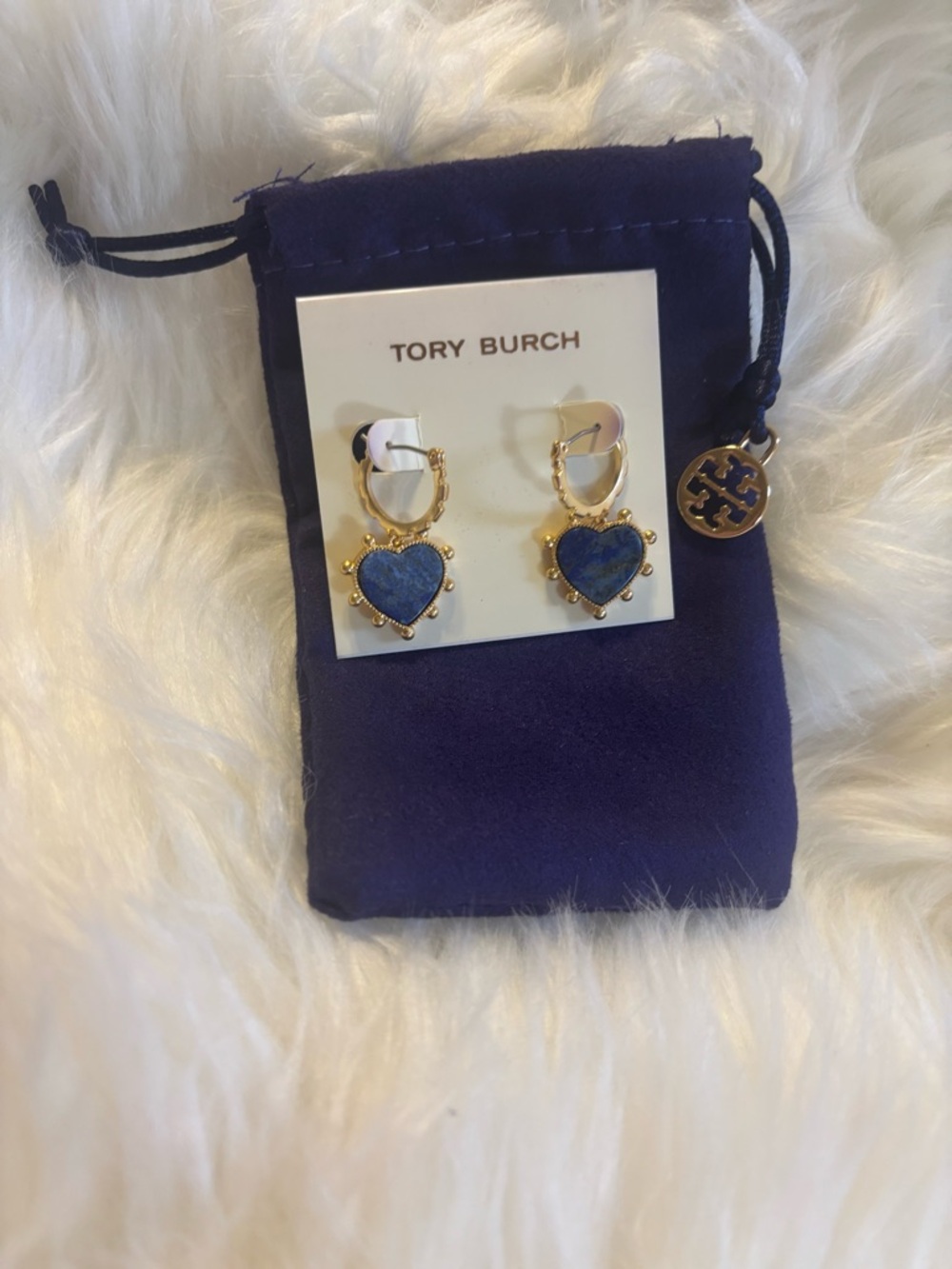 Tory Burch Gold Tone Hoop Earrings with Blue Heart Drops
